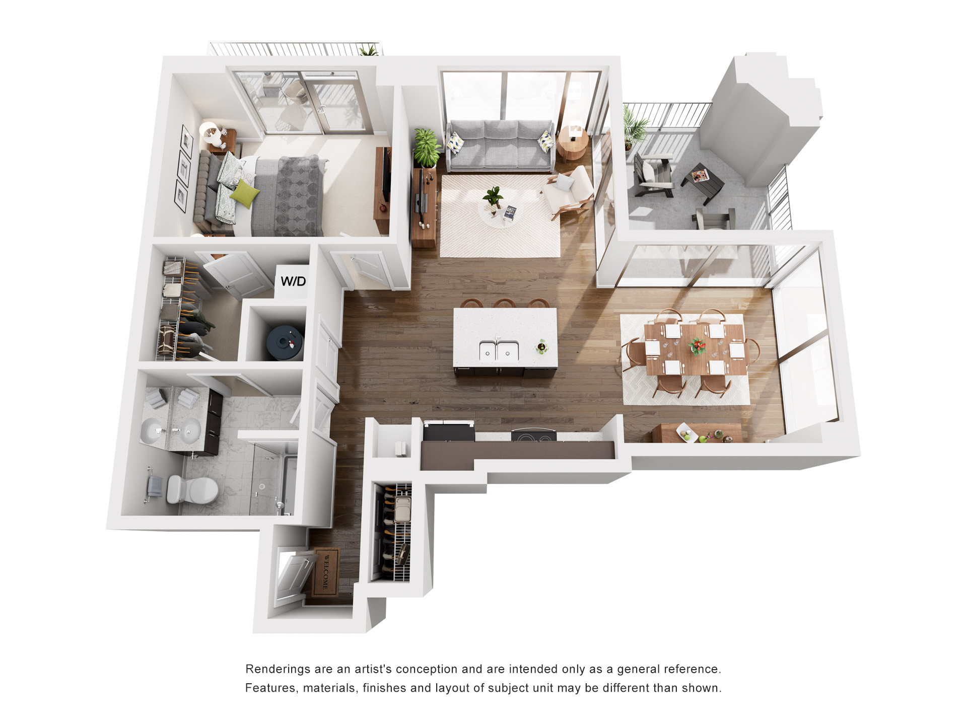 Floor plan for 1 bed, 1 bath, 857 sqft
